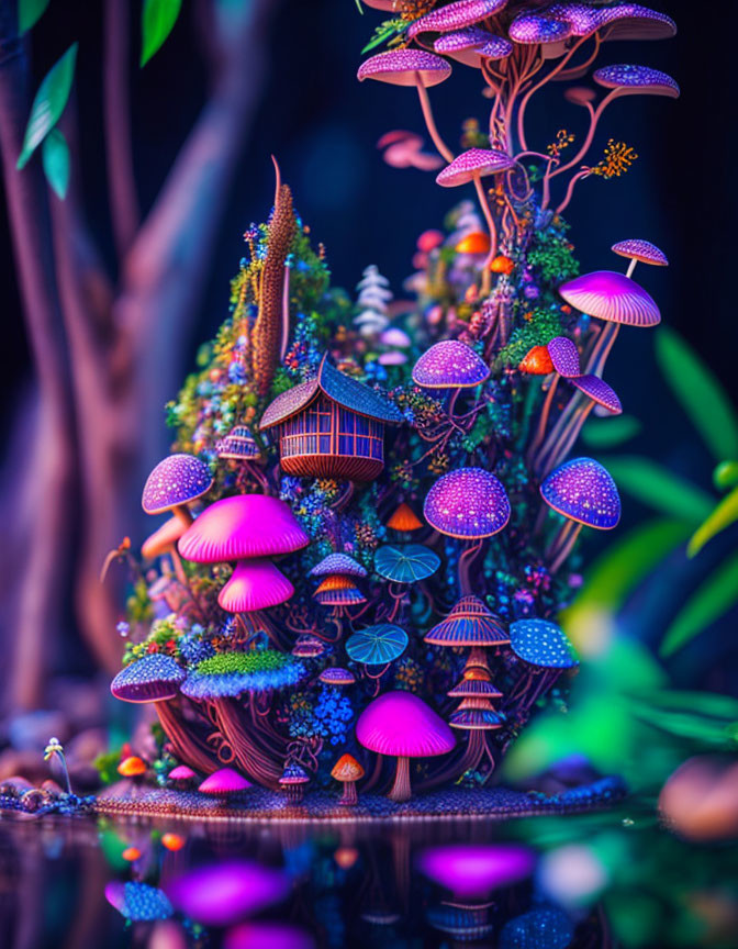 Miniature fantasy landscape with vibrant-colored mushrooms, tiny house, and tranquil water.