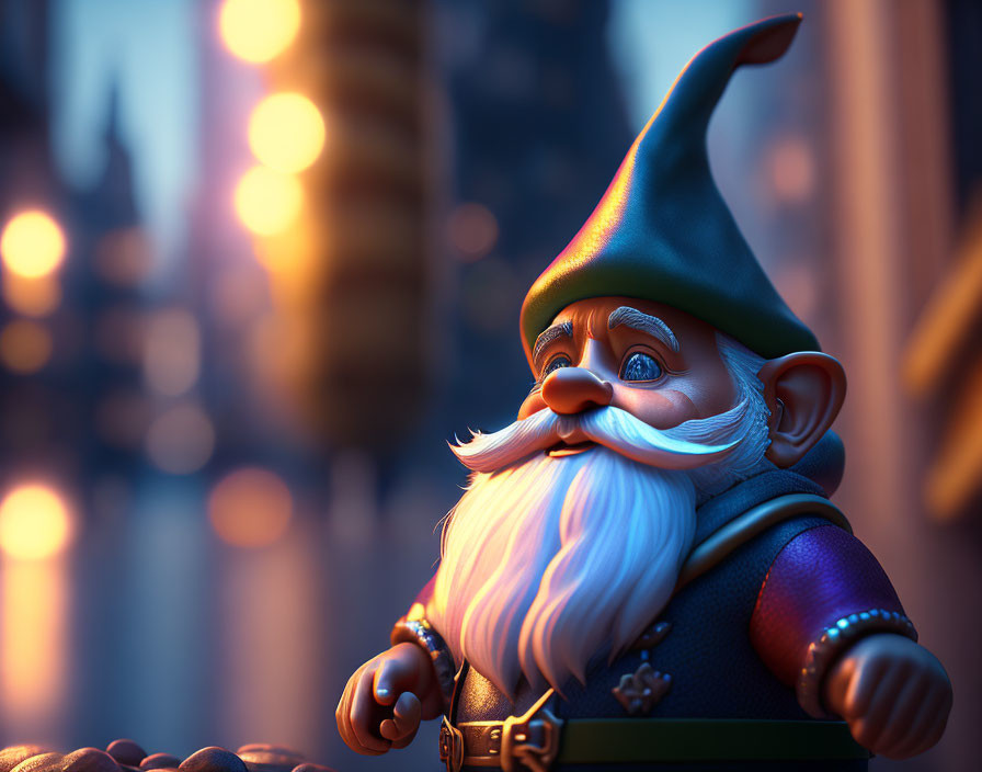 Stylized 3D-rendered gnome with pointy hat and cityscape background