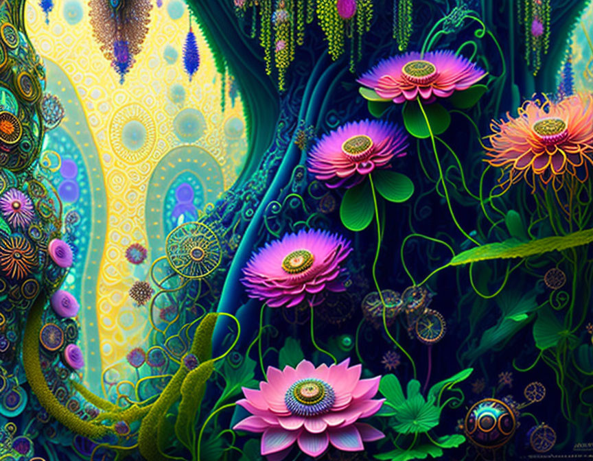 Colorful digital artwork: Pink and orange lotus flowers, intricate patterns, greenery on deep blue