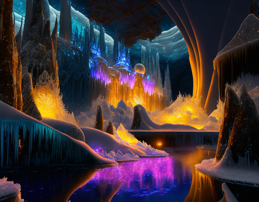 Fantastical ice cave with purple and orange formations