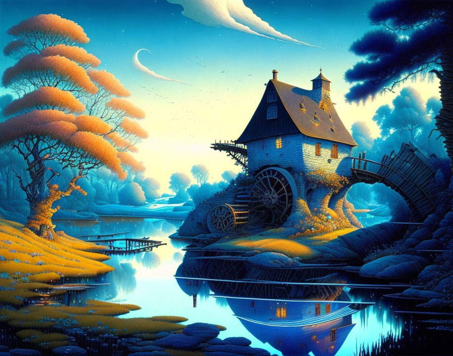 Fantasy landscape: old watermill by tranquil stream at twilight