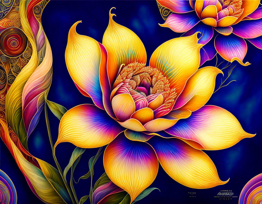 Colorful Stylized Flower Digital Artwork with Complex Patterned Background