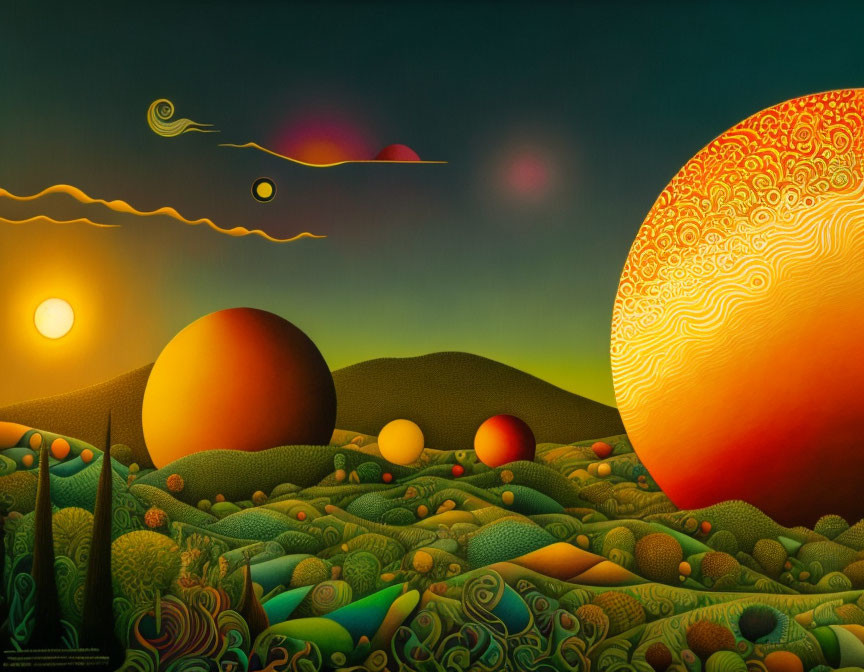 Surreal landscape with patterned hills and multiple orbs in the sky