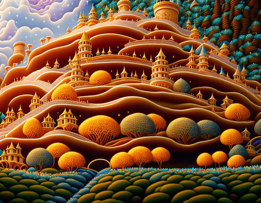 Surreal landscape with layered hills and intricate buildings under starry sky