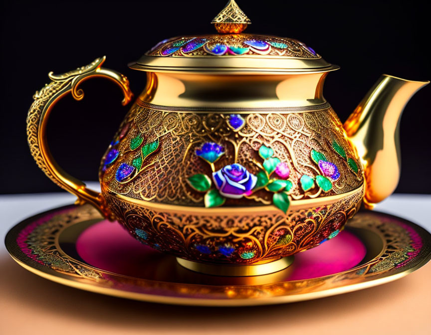 Golden Teapot with Gemstone Inlays and Matching Saucer on Dark Background