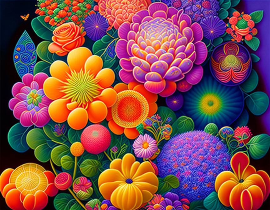 Colorful Abstract Painting with Stylized Flowers in Purple, Orange, Red, and Blue