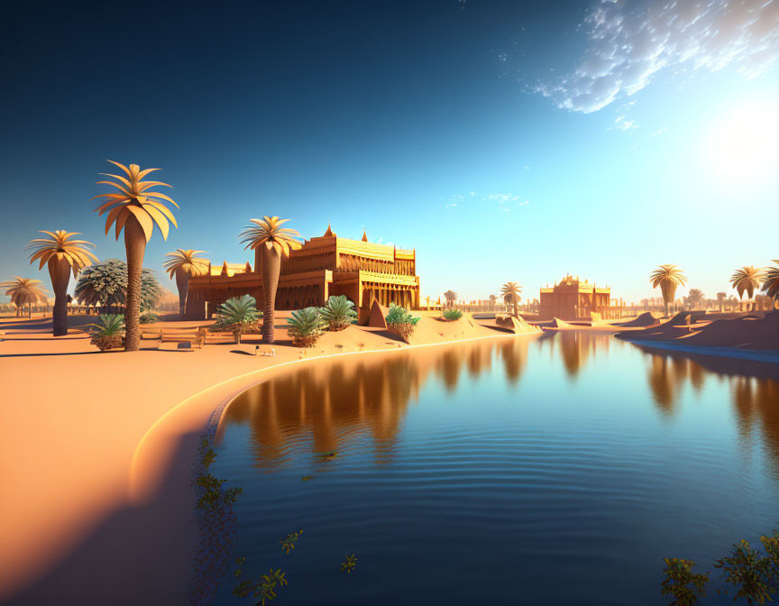 Desert Oasis with Palm Trees, Water Body, and Golden Buildings