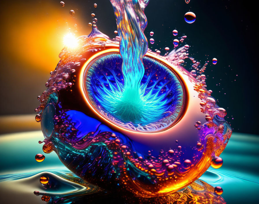 Colorful 3D Water Splash in Hollow Sphere with Fractal Core