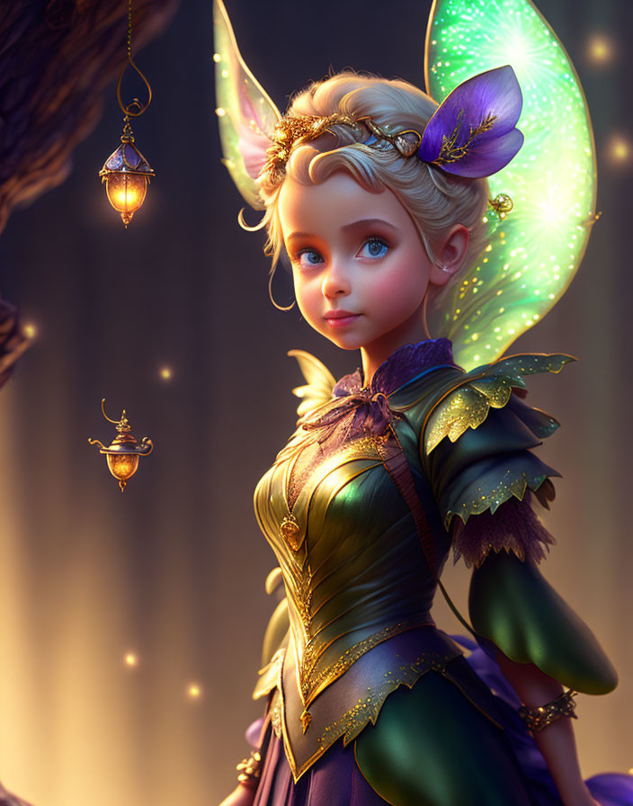 Fantasy fairy digital art with glowing wings and lantern