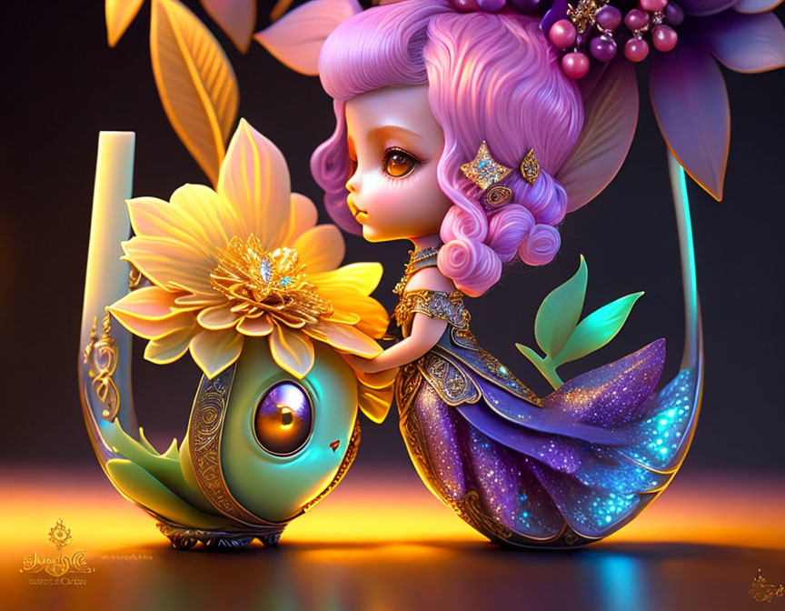 Illustration of a girl with big eyes and purple hair next to a bird with floral design