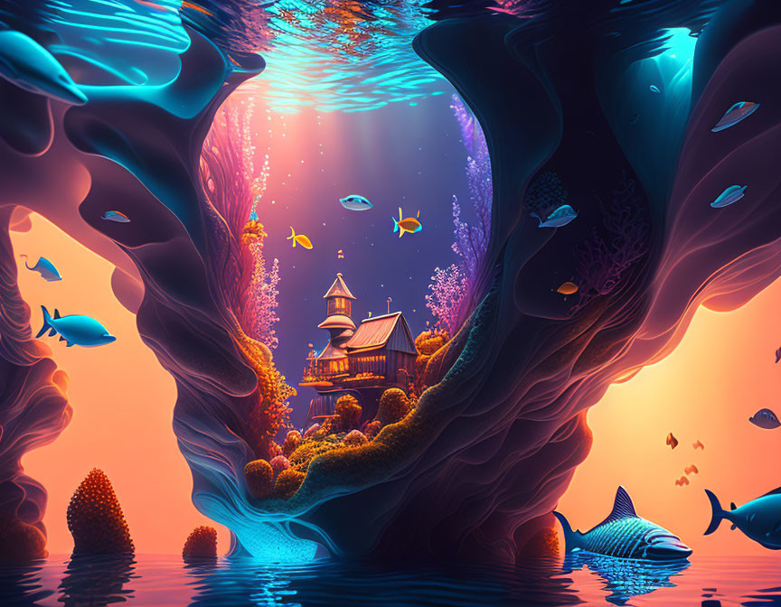 Colorful underwater scene with whimsical house, fish, coral, and rock formations