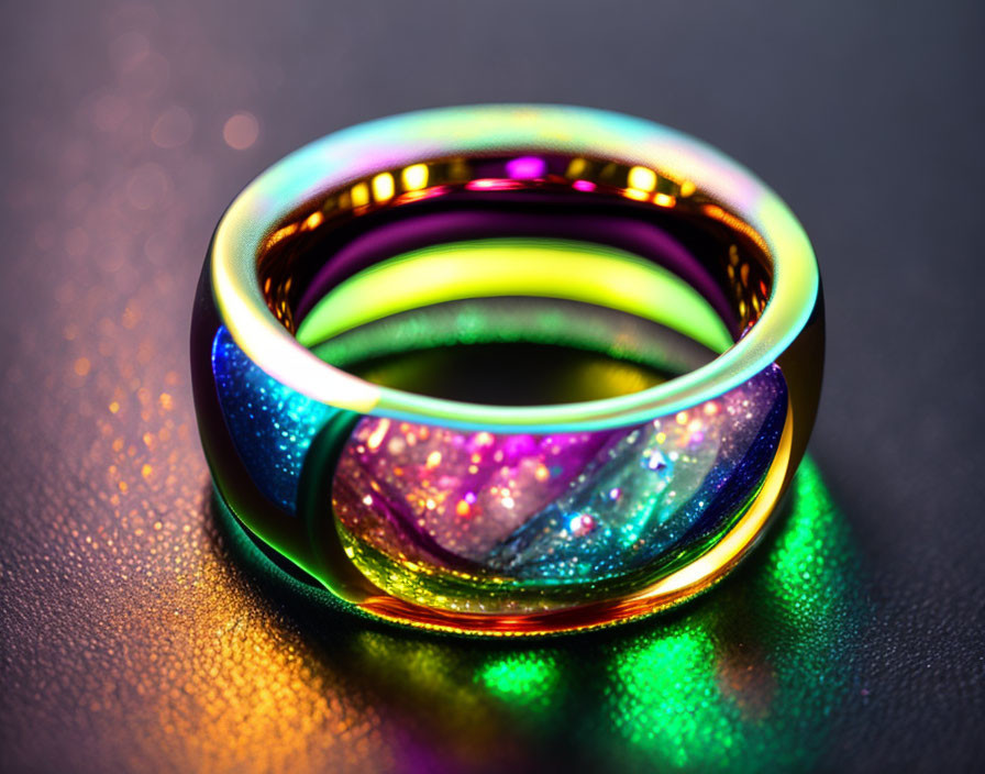 Iridescent galaxy-patterned ring on reflective surface with colorful spectrum