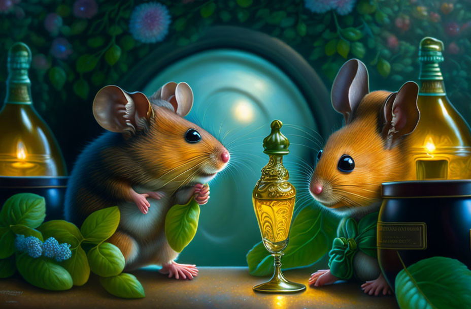 Animated mice converse near golden lamp in enchanting setting