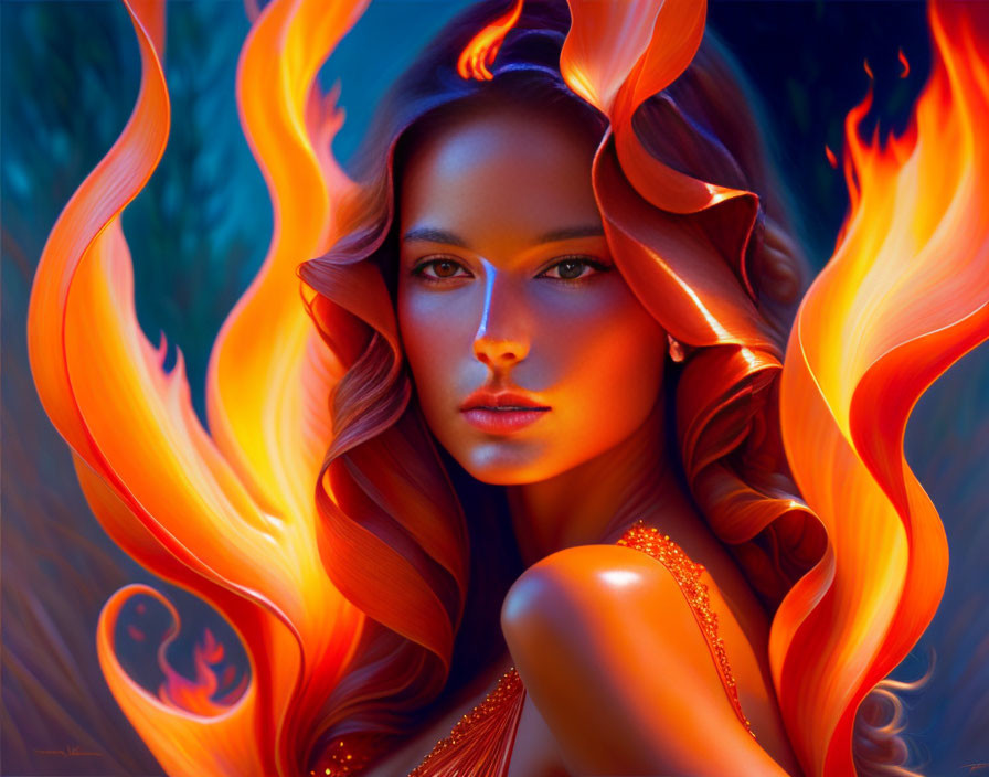 Fiery red-haired woman in orange attire engulfed in stylized flames