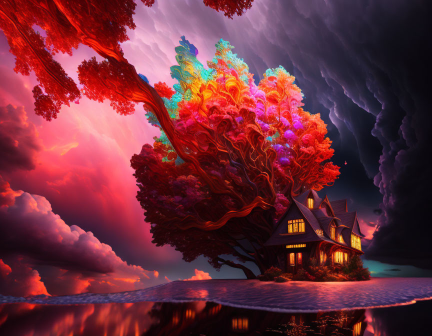 Multicolored tree with whimsical structure under stormy sky and reflective water