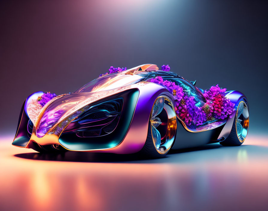 Futuristic iridescent car with organic lines and purple flowers on gradient background