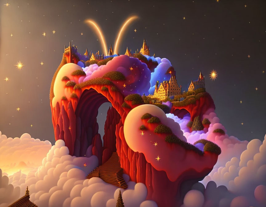 Fantasy castle on floating landmass with pink clouds