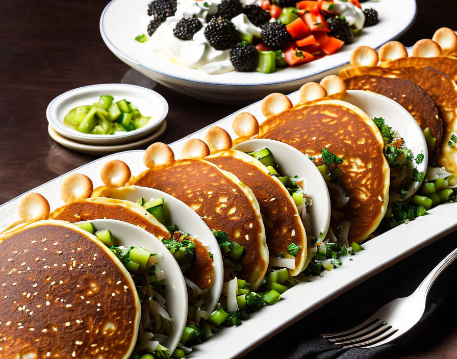 Savory Pancakes with Caviar and Fresh Salad Combination