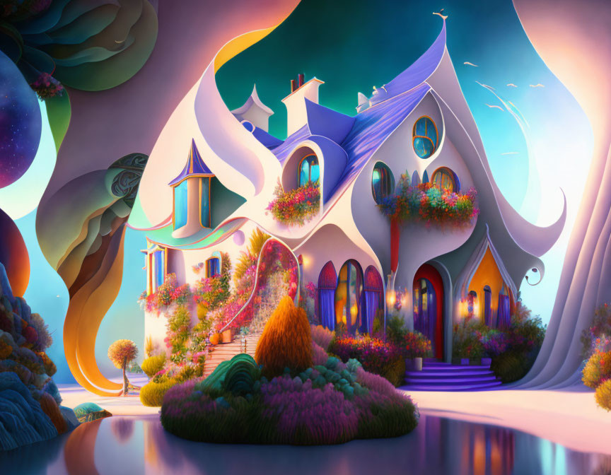 Colorful Fantasy House with Curving Lines and Glowing Windows