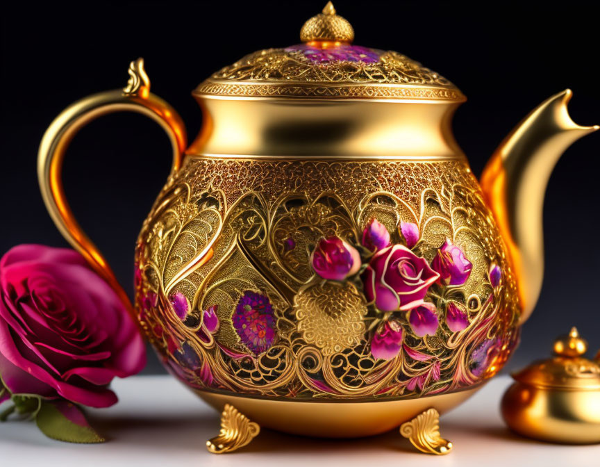 Golden Teapot with Intricate Patterns and Red Rose on Dark Background