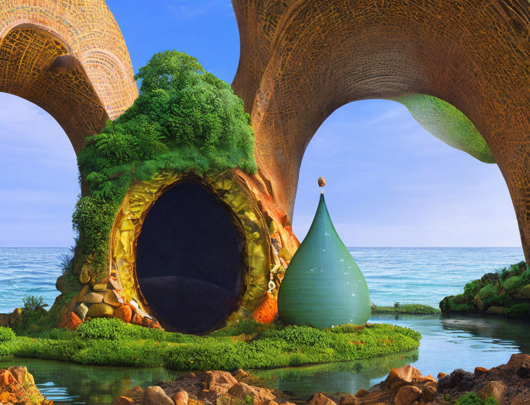 Fantasy landscape with tree-like arch, sea, vast arches, and onion-shaped tower