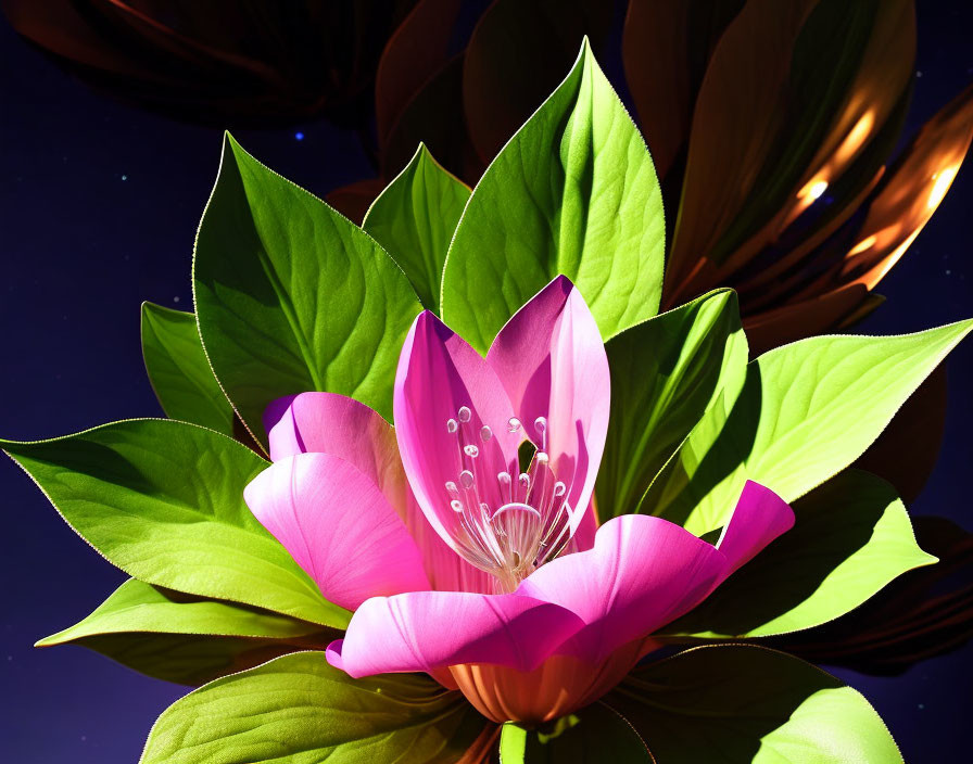 Vivid Pink Flower with Green Leaves on Dark Blue Night Sky