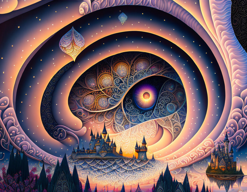 Fantasy landscape with cosmic patterns, eye, castles, and starry skies