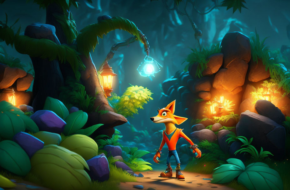 Animated fox in gloves and boots on forest path at night with glowing lanterns.