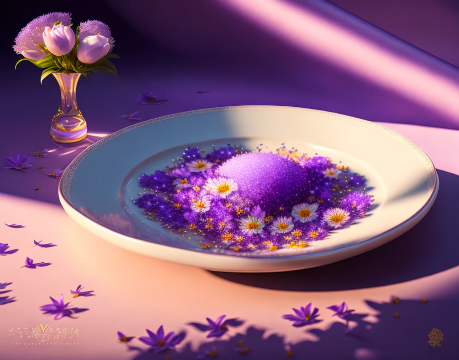 Purple sphere with flowers on plate and tulips in glass vase on soft-lit surface