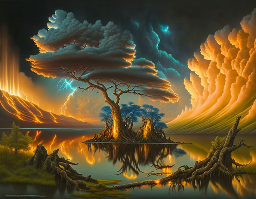 Fantastical landscape with serene lake, twin trees, lightning, volcanic eruptions, and swirling clouds