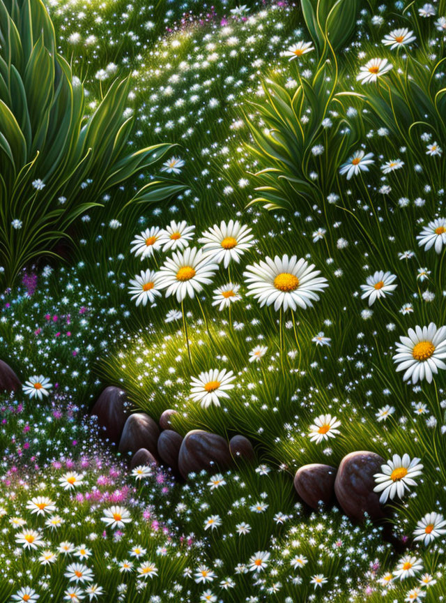 Green foliage, white daisies, pink flowers, and dark stones in sunlight