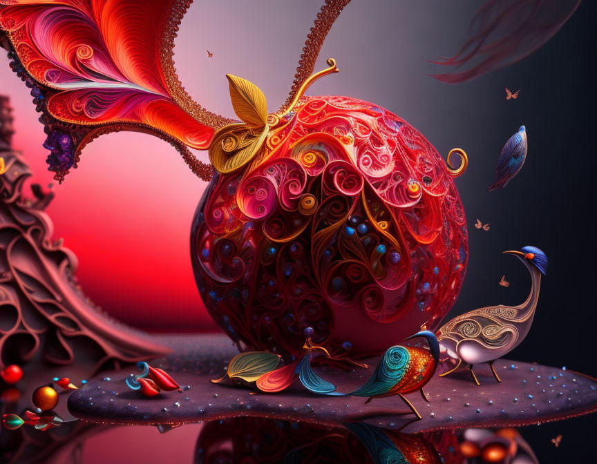 Colorful Fantastical Digital Art: Ornate Bird-like Creatures with Swirling Patterns on Red Background