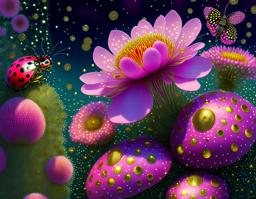 Colorful digital artwork: Ladybug on pink flower with whimsical spheres