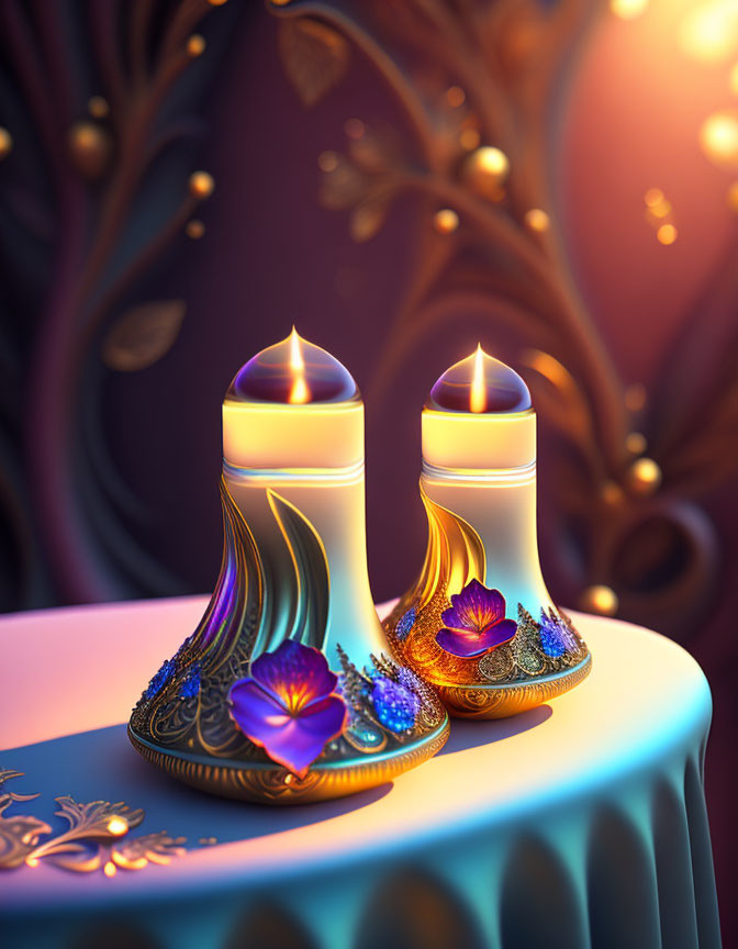 Ornate candles with colorful patterns and jewels on draped table