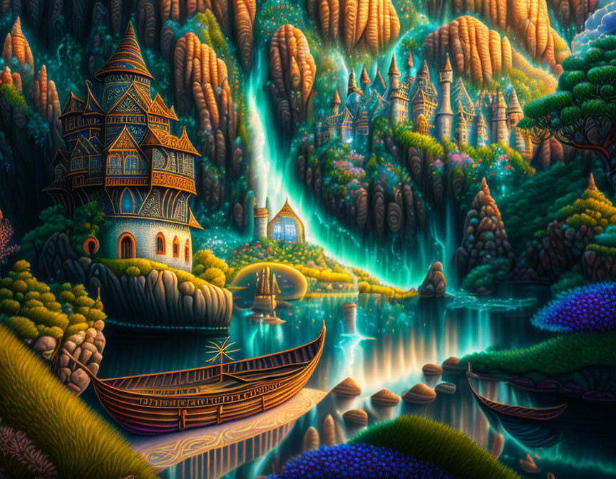 Vibrant fantasy landscape with waterfall, whimsical house, lush vegetation, and traditional boats