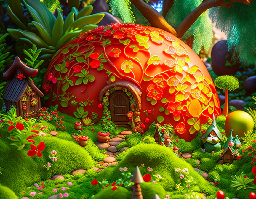 Whimsical red mushroom house in lush fantasy scene