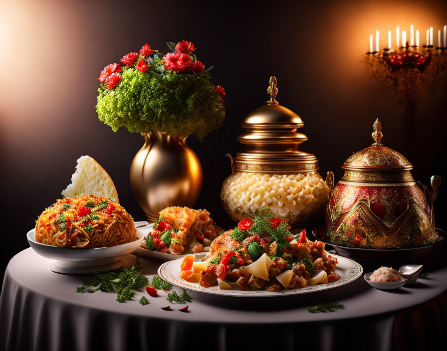 Traditional Indian Cuisine Spread with Biryani, Bread, and Rice in Warmly Lit Setting