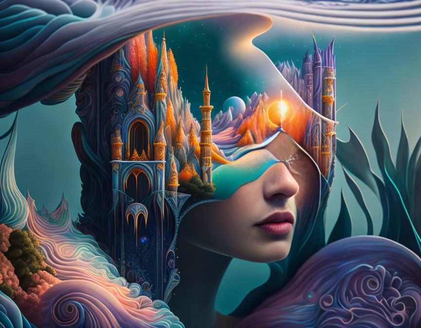 Woman's profile merges with fantastical landscape of ornate castles, sunset, and colorful clouds