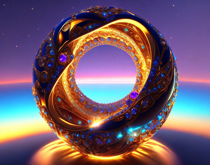 Golden jeweled torus in 3D against vibrant sky