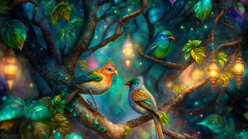 Colorful Fantastical Birds Perched in Glowing Forest
