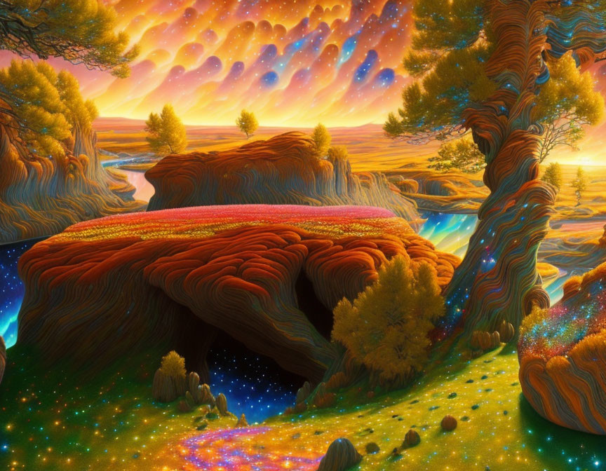 Fantastical landscape with twisted trees, flowing river, and surreal sky