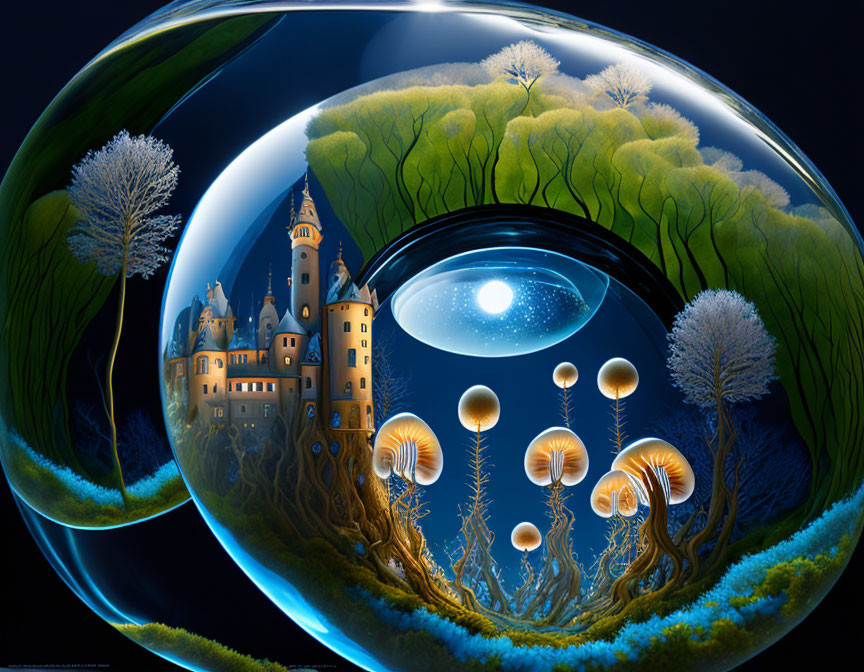 Surreal image of castle, trees, bubble, mushrooms, and eye-shaped void.