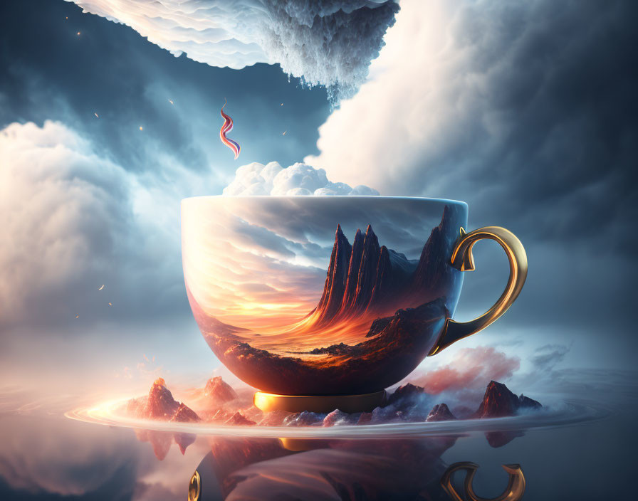 Surreal image: giant cup with mountain landscape and sunrise