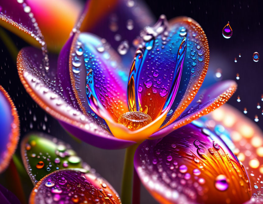 Colorful Flower Close-Up with Prismatic Water Droplets