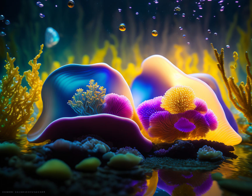 Colorful Underwater Scene with Corals and Sea Anemones in Glowing Light