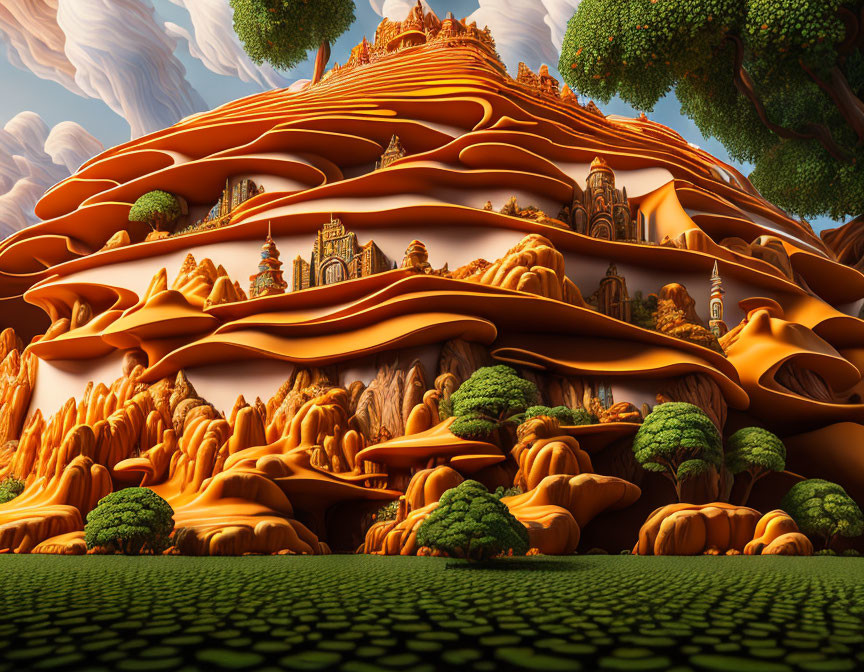 Layered mountain with intricate buildings and towering trees under bright sky