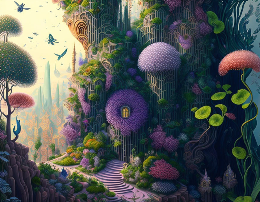 Enchanting forest with towering trees, vibrant flora, whimsical fungi, mysterious door, fluttering