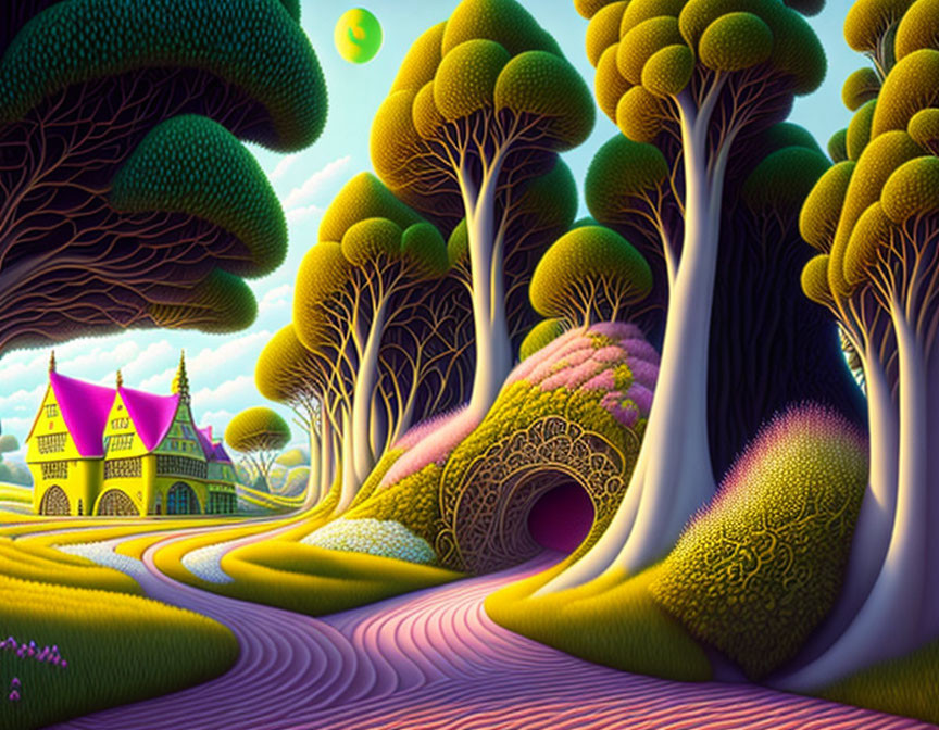 Colorful landscape with stylized trees, winding path, and green moon.