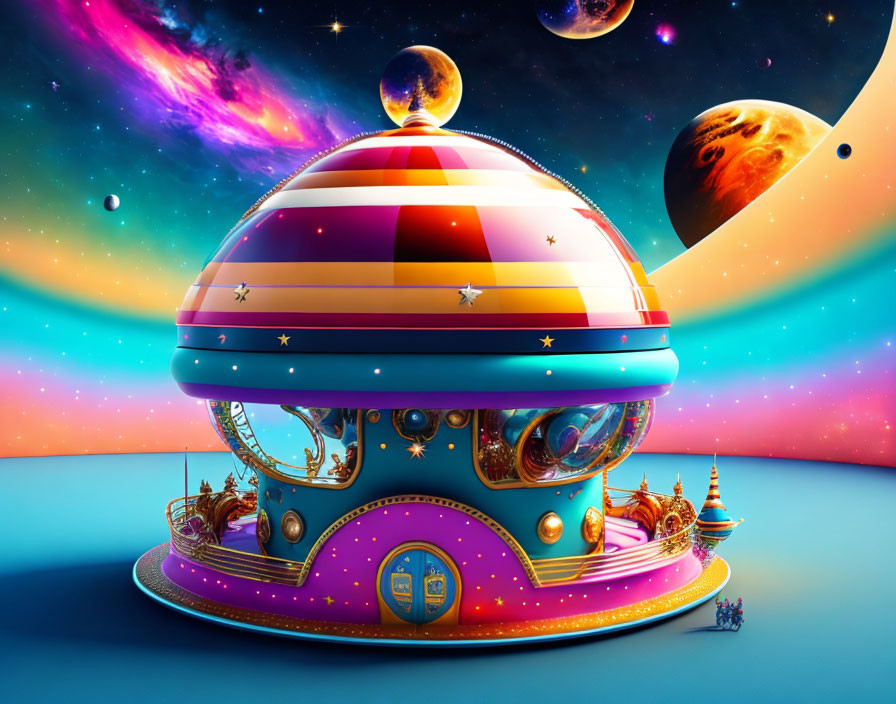 Colorful futuristic building with domes and ornate decorations in surreal space setting