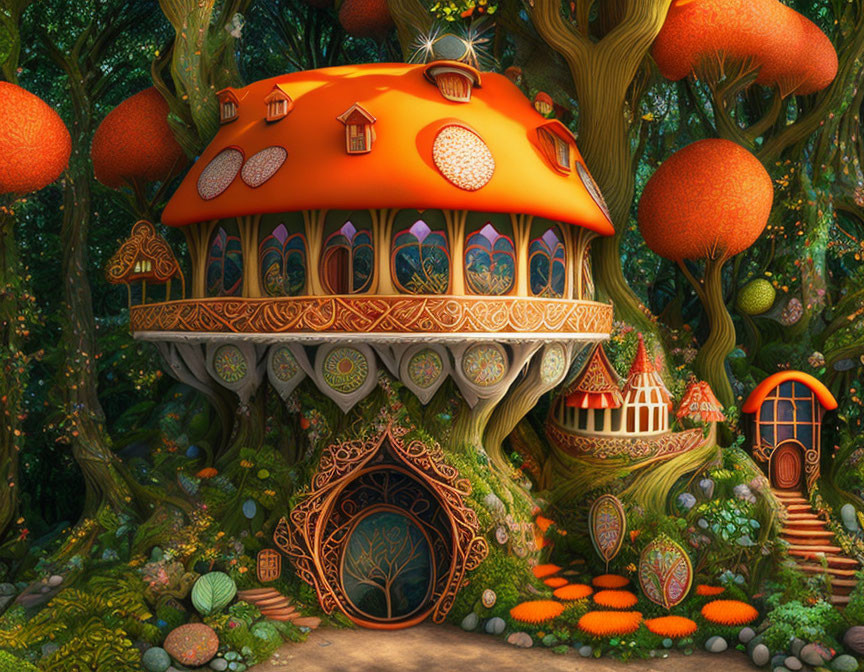 Whimsical oversized orange mushroom house in enchanted forest